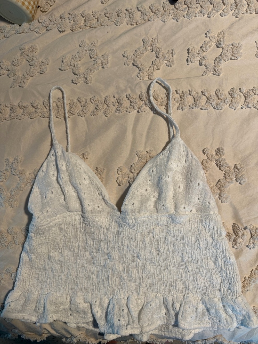 Zara White Eyelet Smocked Ruffle Cami Tank